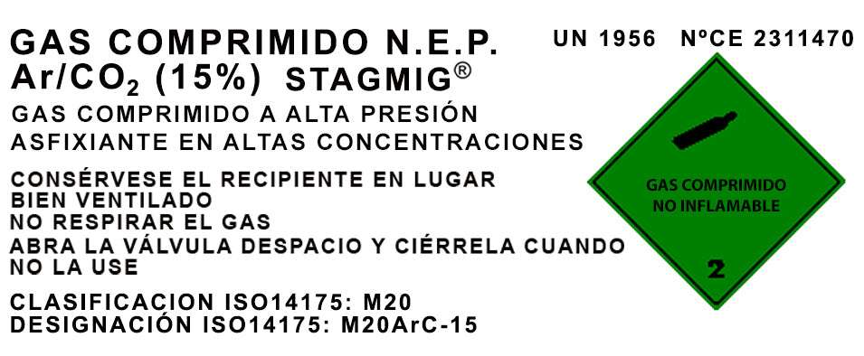 Botella B-13 (13 Litros) cargada con mezcla de gas Argón - CO2 15% comprimido con tulipa
