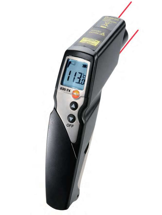 El termómetro por infrarrojos testo 830-T1 con láser para el marcado de la zona de medición y óptica 10: 1 es adecuado para medir sin contacto la temperatura de superficies tanto en la industria como en la artesanía.
